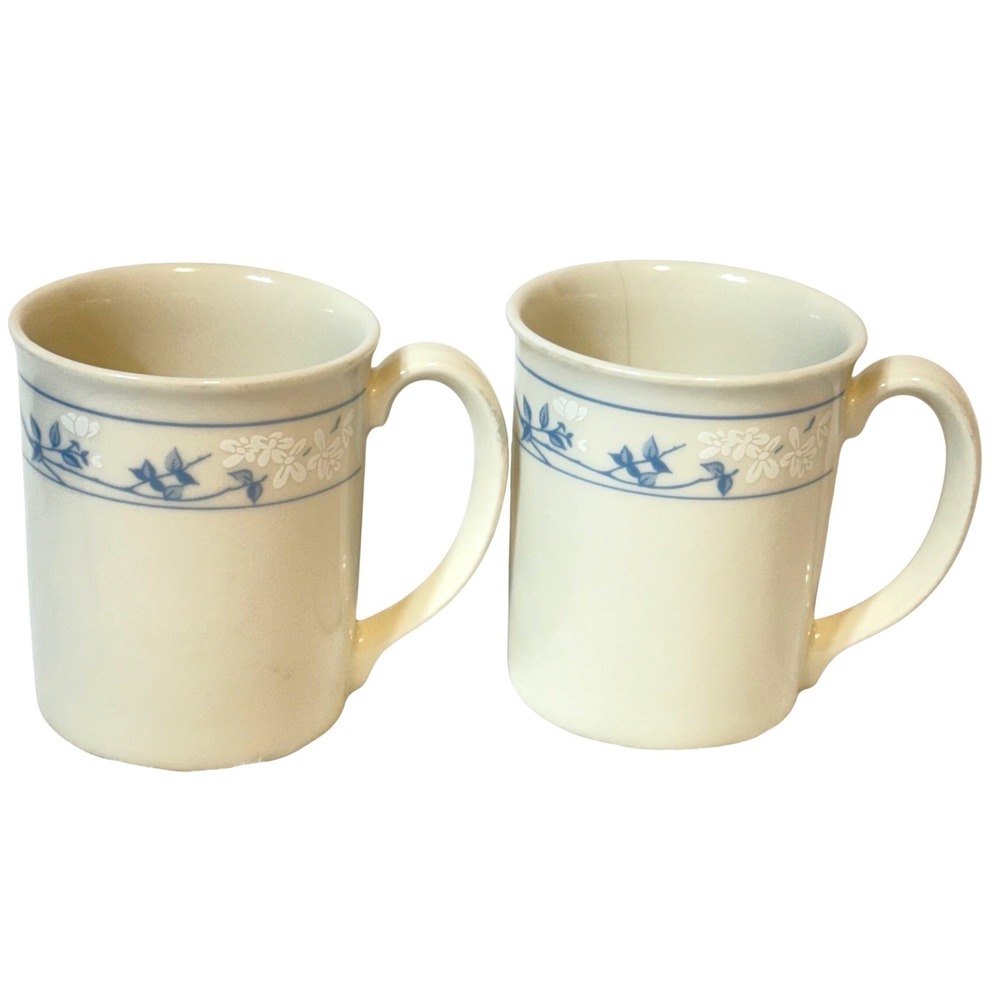 Corning Blue Velvet Floral‎ Coffee Mugs Set of 2 Grandmas Stoneware White Blue